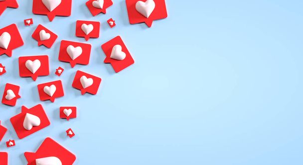 Modelo de marketing de mídia social com copyspace e um monte de botões como. Renderização 3d - Foto, Imagem