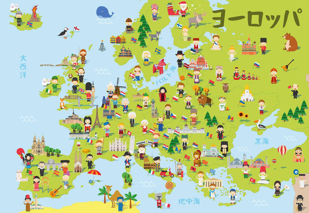Funny cartoon map of Europe in japanese with childrens of different nationalities, representative monuments, animals and objects of all the countries. Vector illustration for preschool education and kids design. - Wektor, obraz