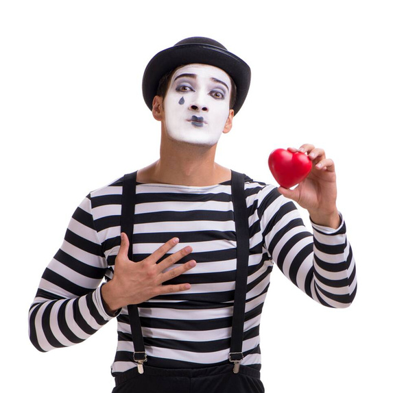 Mime holding red heart isolated on white background - Photo, Image