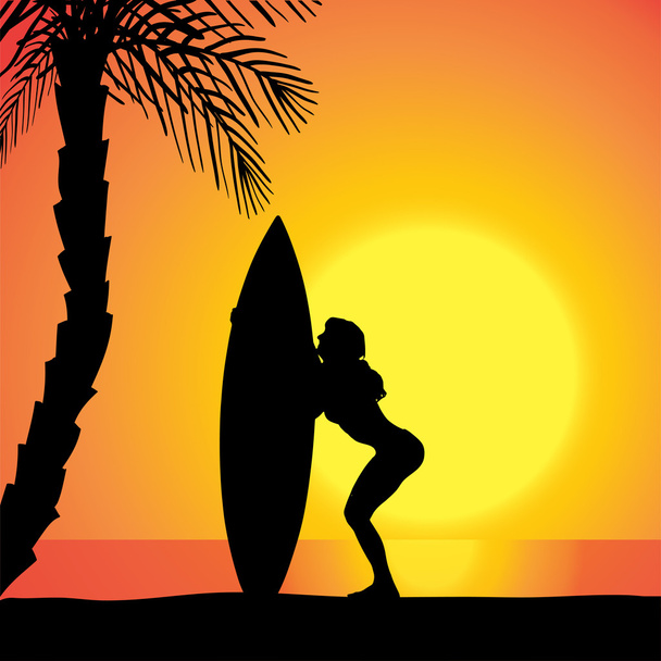 Vector silhouette of a woman with a surfboard. - Vector, Image