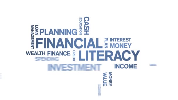 4k Financial Literacy Animado Tag Word Cloud, Animação de texto loop sem costura. - Filmagem, Vídeo