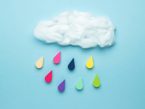 Λευκό σύννεφο και πολύχρωμες σταγόνες σε μπλε φόντο. Κολάζ μοντέρνας τέχνης. Εικόνα κλίματος. - Φωτογραφία, εικόνα