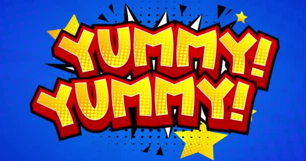 4k animated Yummy Yummy words. Comic book satisfaction expression sound effect on blue background. Giving positive feedback for tasty food. Cartoon motion graphic. - Footage, Video