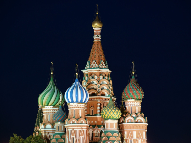 Moskwa w nocy, Rosja, plac czerwony, Katedra wstawiennictwem Najświętszej - Zdjęcie, obraz