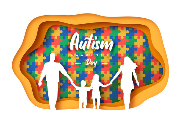 Autism awareness day greeting card illustration of family with children in paper cut style, colorful puzzle background. Kid education concept, different learning ability. Support event on april 2. - ベクター画像