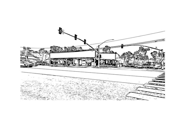 Blick auf das Gebäude mit Wahrzeichen der Costa Mesa ist die Stadt in Kalifornien. Handgezeichnete Skizzenillustration im Vektor. - Vektor, Bild
