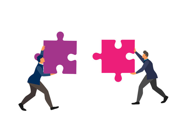Business Team Konzept zwei Geschäftsleute verbinden zwei Elemente Symbol der Zusammenarbeit, Zusammenarbeit, Partnerschaft. Flat style cartoon illustration vektor - Vektor, Bild