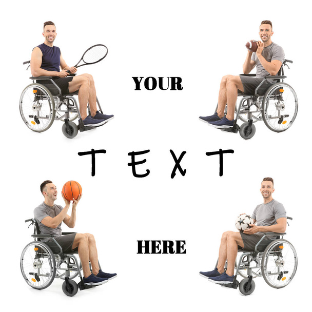 Joven con diferentes equipamientos deportivos sentado en silla de ruedas sobre fondo blanco con espacio para texto - Foto, imagen