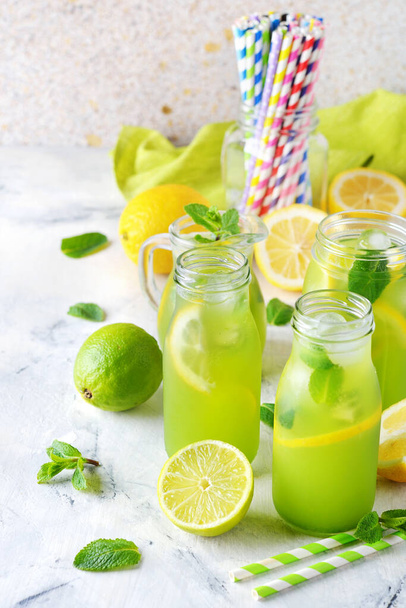 Mint lemonade with lemon and lime on white background - Photo, image