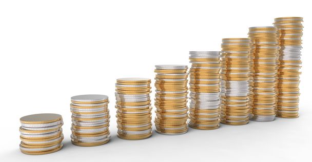 Financial Progress: golden and silver coins stacks over white - Fotó, kép