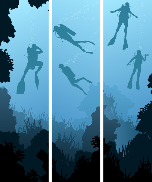 Set banners of divers under water. - Vector, Image