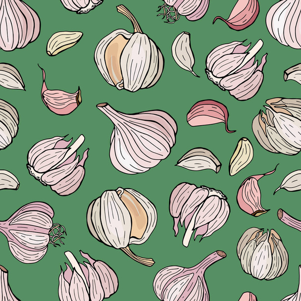 Seamless background with garlic. Hand-drawn style. Design of fabrics, textiles, wallpaper, packaging, cafes. - Vektör, Görsel