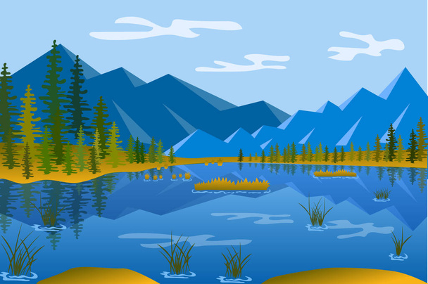 Lake in mountains landscape background in flat style. View of rock peaks, coniferous forest by lakeside. Travel vacation, hiking tourism outdoor. Nature scenery. Vector illustration of web banner - Vector, Image