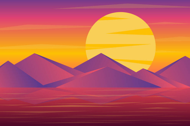 Sonnenuntergang über den Gipfeln der Berge Landschaft Hintergrund im flachen Stil. Riesige Sonne über Felsen, Reflexion im Meer- oder Meerwasser, violettes Licht nach Sonnenuntergang. Naturkulisse. Vektorillustration von Web-Bannern - Vektor, Bild