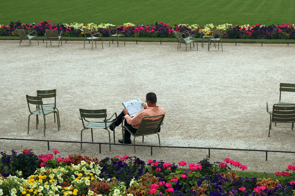 PARIS, FRANCE - Oct 08, 2019: Man reading newspaper in Jardin de Luxembourg in Paris. - Фото, зображення