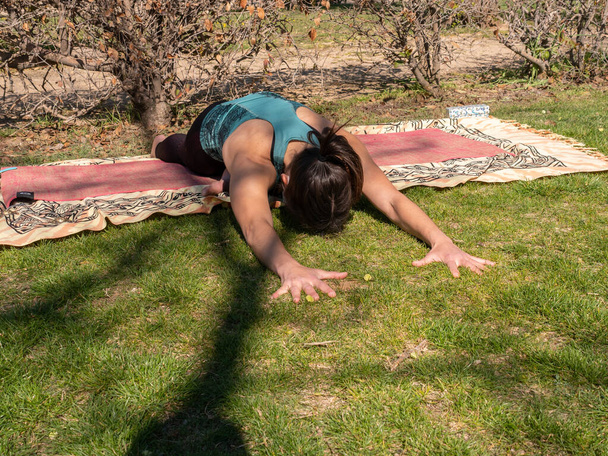 A brunette woman doing yoga class in a park on a sunny day - Photo, image