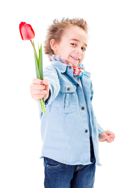 Cute little boy offering a tulip - Фото, зображення