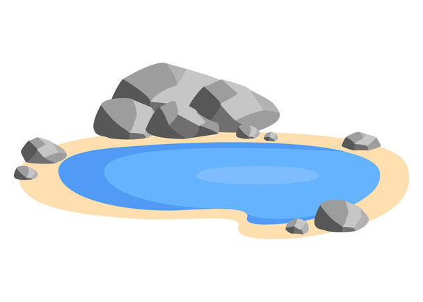 Landscape pond with stones on the shore. Small pool, lake in nature. Outdoor recreation area. Vector illustration - Vector, Imagen