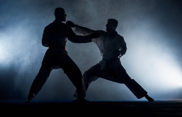 Young man practicing his karate moves, white kimono and black belt - 写真・画像
