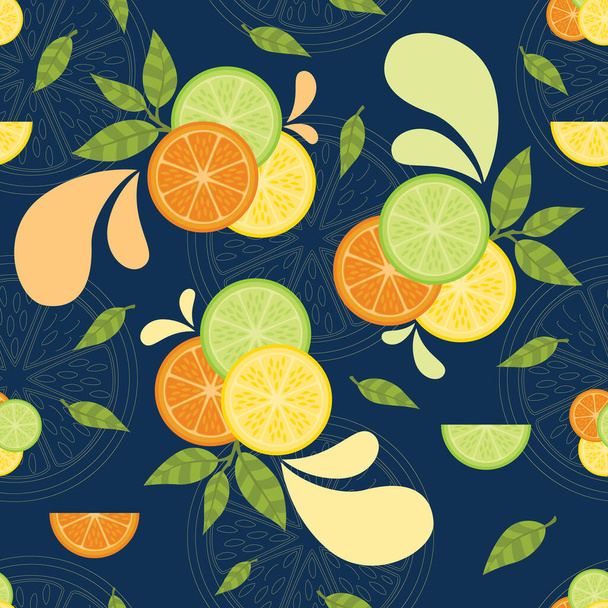 オレンジやレモン、ライムなど柑橘系の果実をイメージした美しいベクトルシームレスな表面パターンデザイン。夏に最適な美しい、甘く酸味のあるパターン. - ベクター画像