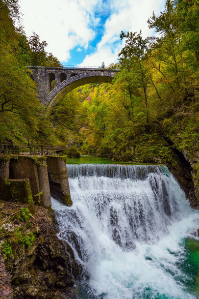  Foamy bubbling waterfalls under stone bridge. Slovenia. Vintgar gorge. Mountain river with azure water. The concept of active and photo tourism - 写真・画像