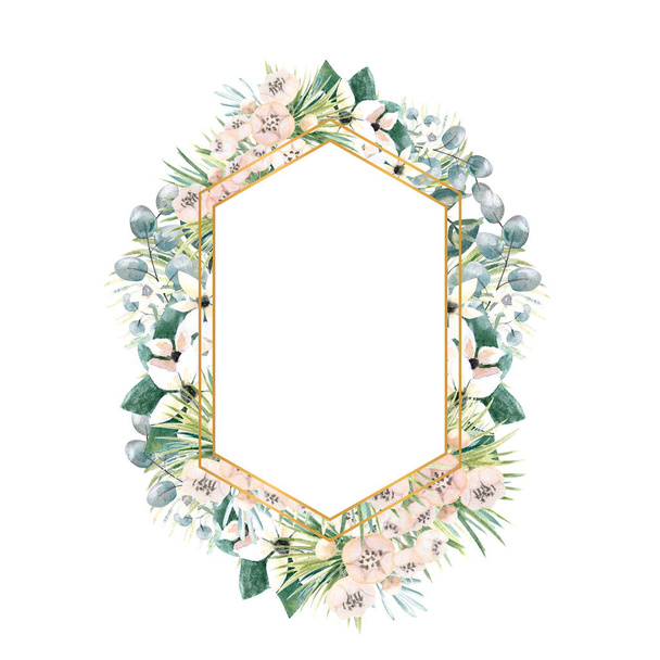 Marco de oro hexagonal con pequeñas flores de actinidia, bouvardia, hojas tropicales y de palma. Ramo de boda en un marco para el diseño de una invitación elegante. Ilustración en acuarela - Foto, imagen