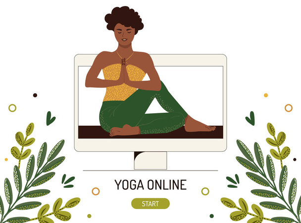 Concept de cours de yoga en ligne. Afro-Américaine à l'écran d'ordinateur dirige une classe de maître sur l'étirement et l'asana. Illustration vectorielle plate - Vecteur, image