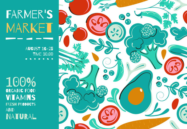 Farmers Market Flyer or Poster Template. Organic food seasonal sales program layout. Flat Vector Illustration. - Vector, Image