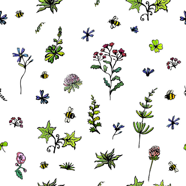 Wilde kleine Blumen mit Insekten. Ein nahtloser Hintergrund. Vektorillustration - Vektor, Bild