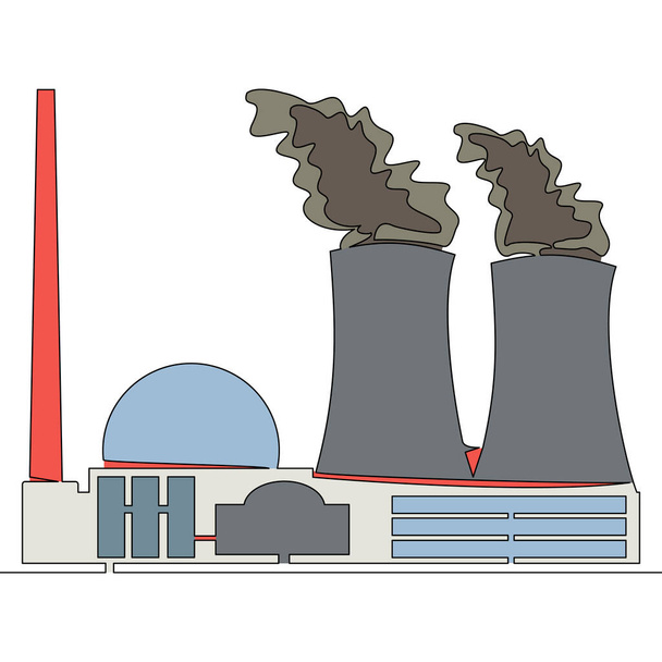 Plano colorido línea de dibujo continuo arte Estación de energía planta de energía nuclear icono vector ilustración concepto - Vector, Imagen