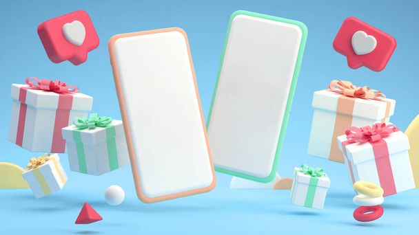 Dos teléfonos móviles se burlan de la pantalla en blanco con cajas de regalo y le gusta en un divertido y mínimo estilo de dibujos animados 3D - Foto, Imagen
