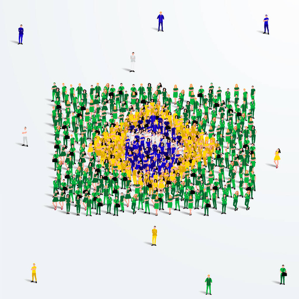 Brasilien-Flagge. Eine große Gruppe von Menschen formiert sich, um die Form der brasilianischen Flagge zu schaffen. Vektorillustration. - Vektor, Bild