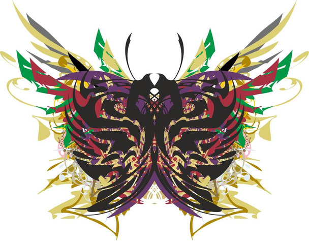 Peligrosas alas de mariposa de color salpicaduras florales. Alas de mariposa grunge con elementos dragón, plumas y motivos dorados para estampados en camisetas, papel pintado, postales, etc.. - Vector, Imagen