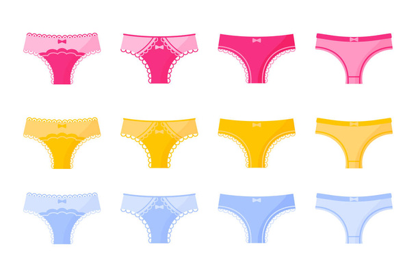 Set of different type and color of women's lingerie panties. Vector flat design isolated on white background. - Vecteur, image