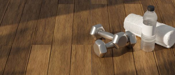 Representación 3D, mancuernas en el suelo de madera en concepto sala de fitness con equipos de entrenamiento en la parte posterior, ilustración 3D - Foto, Imagen