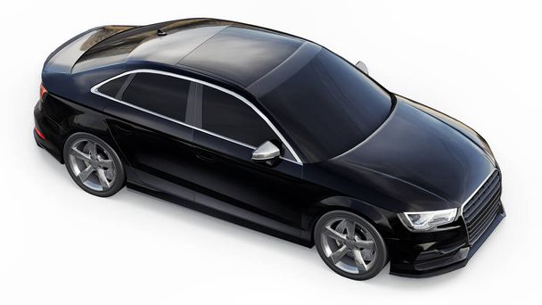 Szuper gyors sport autó színe fekete fém, fehér háttérrel. Testformájú szedán. A tuning egy átlagos családi autó változata. 3D-s renderelés - Fotó, kép