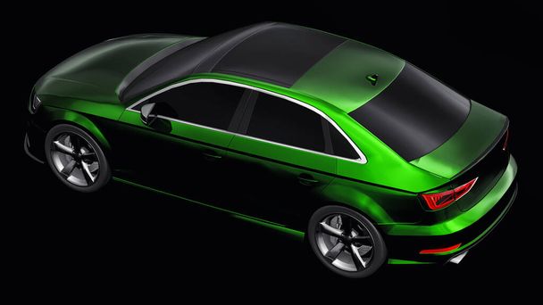 Süper hızlı spor araba siyah arka planda yeşil metalik renkte. Vücut biçimli sedan. Akort sıradan bir aile arabasının bir versiyonu. 3d oluşturma. - Fotoğraf, Görsel
