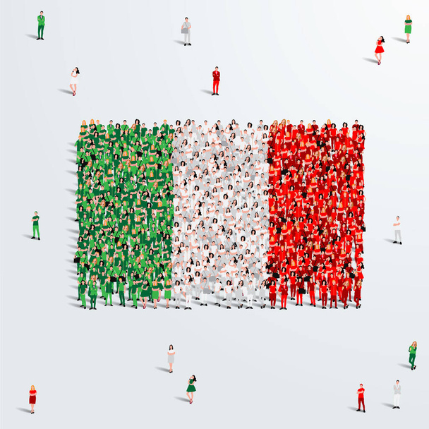 Drapeau d'Italie. Un grand groupe de personnes se forment pour créer la forme du drapeau italien. Illustration vectorielle. - Vecteur, image