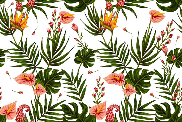 Seamless pattern of gouache-painted leaves of Hawaiian herbs and trees. Trending botanical background with tropical plants - Fotoğraf, Görsel