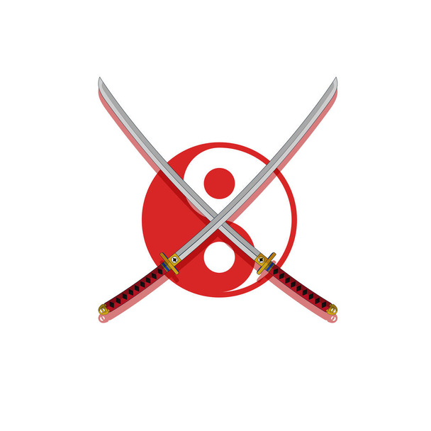 Two crossed katana on a white background with yin yang illustration - Vector, Image