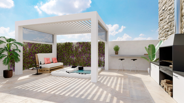 Illustration 3D de pergola bioclimatique extérieure blanche sur patio urbain avec jacuzzi et barbecue. Canapé palette blanc à côté du bain tourbillon chaud. - Photo, image
