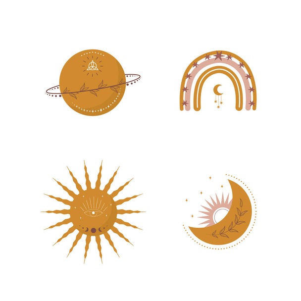 Trendi hold, szivárvány és nap boho stílusban sárga színben. Gyerekillusztrációk poszterhez vagy lakberendezéshez. Doodle művészeti elem. Kortárs geometriai elem. Modern lapos vektor illusztráció - Vektor, kép