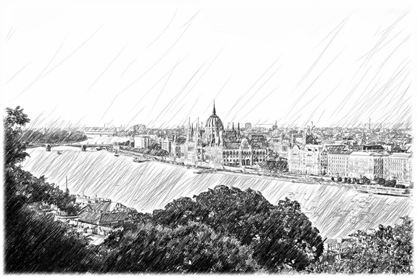 Skica ilustrace krásného výhledu na budovu maďarského parlamentu v Budapešti v Maďarsku. - Fotografie, Obrázek