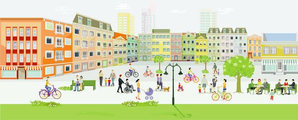 Cidade com pedestres e famílias no lazer, zona livre de carros, ilustração - Vetor, Imagem