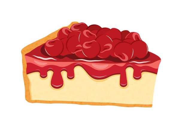 Slice of juicy Cherry Cheesecake with red icing icon vector. Delicious fresh cherry cake icon isolated on a white background. Sweet piece of cake with cherries vector - Vector, imagen