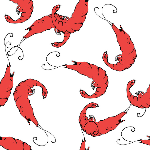 Sketch red shrimp pattern in sketch style on white background. Seamless pattern .Vector seamless pattern of randomly arranged curved red shrimp with a black outline on a white background. a hand drawn shrimp in a sketch style with curved antennae bla - Vector, Image