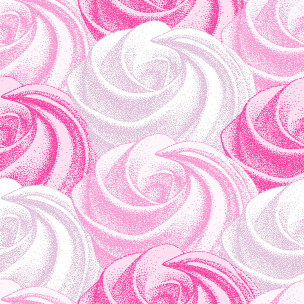 nahtloses Muster mit rosa Baiser, Eibisch, Zephyr. Vektor im grafischen Vintage Retro-Stil. Süße, süße Kuchen, Dessert. - Vektor, Bild