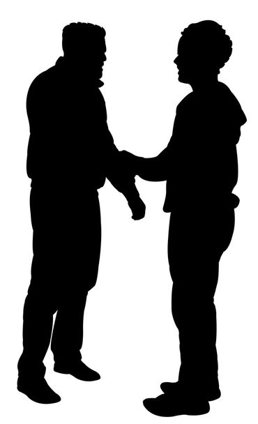 Черные силуэты двух мужчин, стоящих и разговаривающих друг с другом - Вектор,изображение