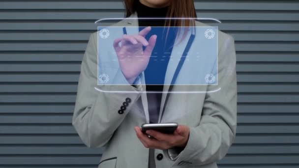 Business woman interacts HUD hologram Traffic - Materiał filmowy, wideo