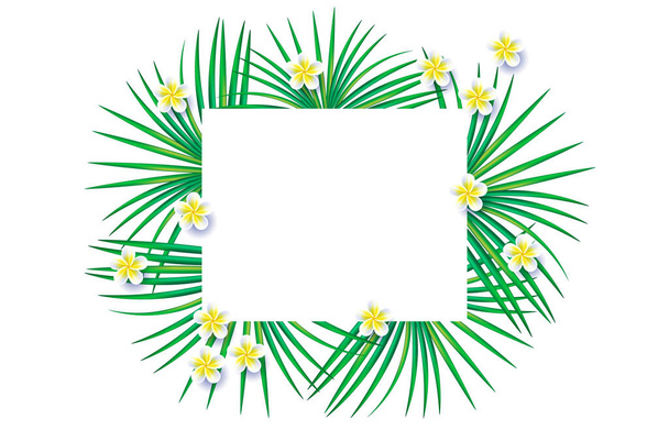 Palm leaves tropical necklace lei flowers. White background with tropical frame. Summer background with green leaves and flowers - Vector, imagen
